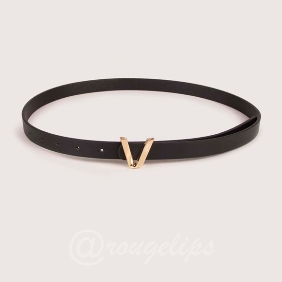 Black Skinny Belt Gold Tone V buckle - Picture 2 of 5